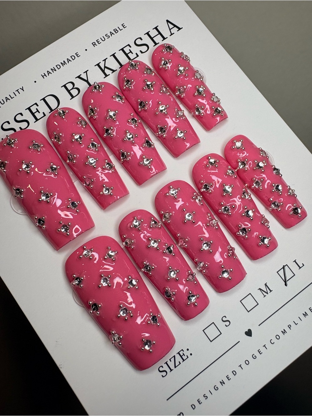Handmade Pink Rhinestone Press-On Nails - Picture 3 of 3